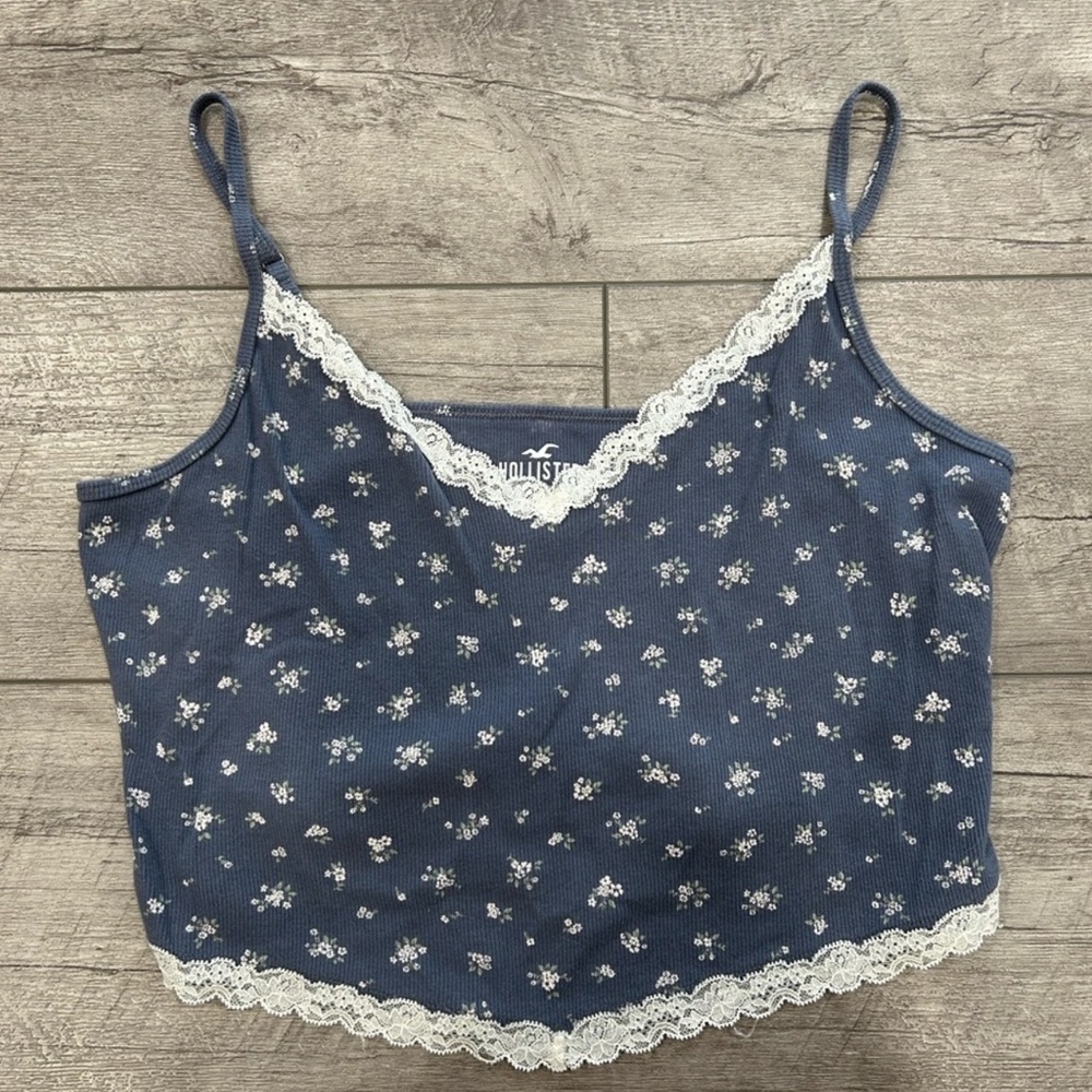 Blue Floral Lace Trim Cami Top